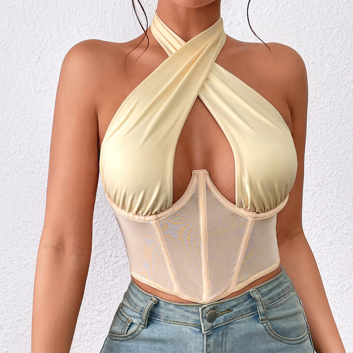 Color-Top Stitching Mesh Perspective Sexy Sexy Cross Halter Boning Corset Corset Women-Fancey Boutique