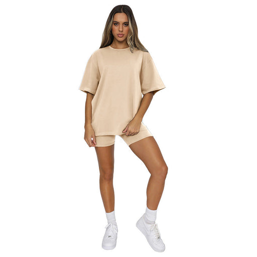 Color-Apricot-Summer Solid Color Short Sleeve round Neck Pullover Top Urban Casual Shorts Suit Women-Fancey Boutique