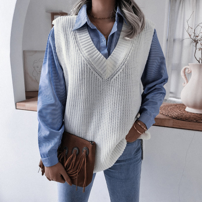Color-Autumn Winter V-neck Casual Loose Knitted Sweater Vest Jacket Women Clothing-Fancey Boutique