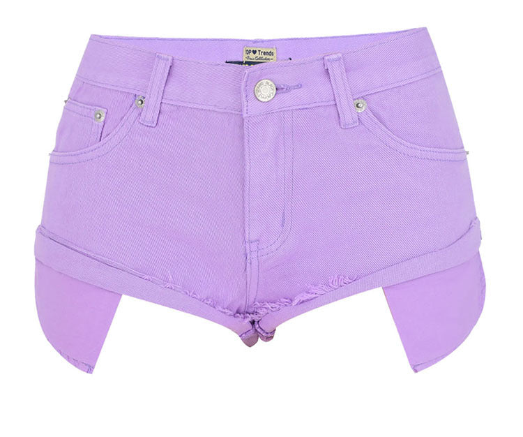 Color-Purple-Women Clothing Low Waist Denim Shorts Decadent Loose Non-Elastic Curling Exposure Pocket Beach Pants Macaron Pink-Fancey Boutique