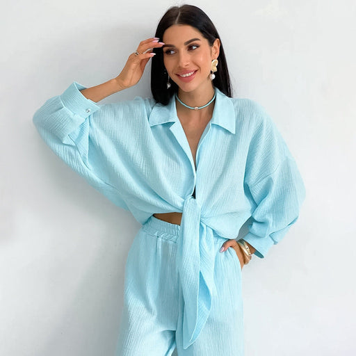 Color-Autumn Double Layer Gauze Pajamas Set Loose Wide Leg Pants Sweet Ladie Homewear Can Be Worn outside-Fancey Boutique