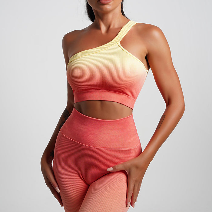 Color-Orange One Shoulder Bra with Chest Pad-Summer Gradient Women Clothing Yoga T shirt Short Sleeved Sports Shorts Tight Cropped Stretch Two Piece Set Women-Fancey Boutique