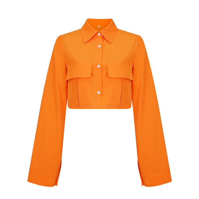 Color-Orange-Autumn Shirt Solid Color Pocket Short Office Top Women-Fancey Boutique