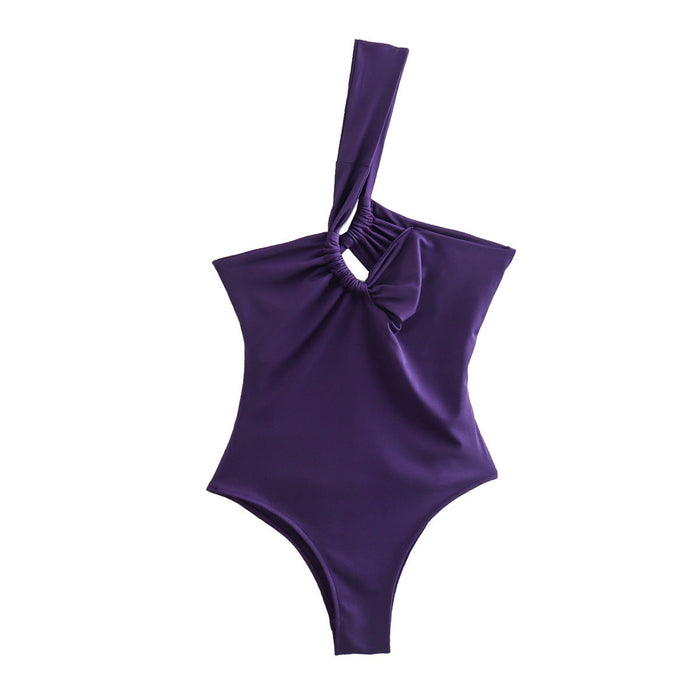 Color-Purple-Summer Bow Tie Backless Sexy Asymmetric One-Shoulder Swimsuit-Fancey Boutique