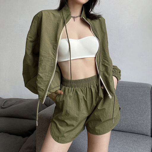 Color-Summer Thin Sun Protection Stand Collar Cardigan Long Sleeve Shorts Sports Casual Suit-Fancey Boutique
