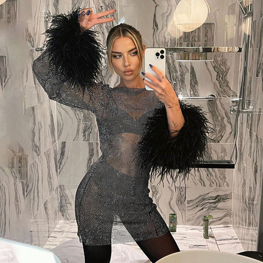 Color-Black-Furry Thin Glittering Mesh Dress Autumn Trendy Sexy Women Clothing Dress-Fancey Boutique