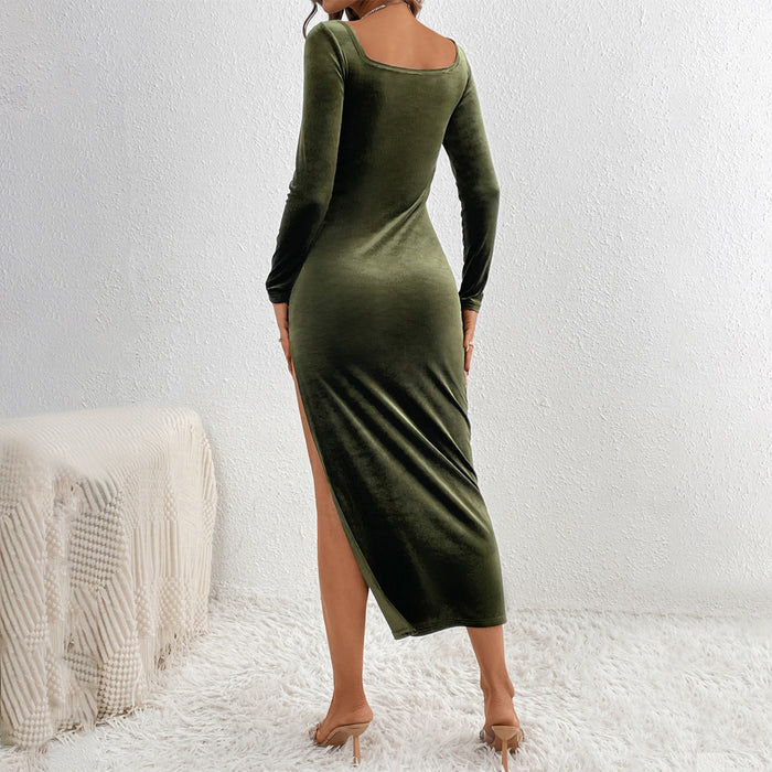 Color-Velvet Sexy Waist Tight Slimming Sense of Design Side Slit Sheath Dress-Fancey Boutique