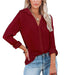 Color-Burgundy-Women Clothing Autumn Winter Casual Loose Long Sleeve Buckle V neck Shirt Top-Fancey Boutique