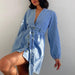 Color-Women'Autumn Winter V neck Long Sleeved Denim Dress High Waist A line Dress-Fancey Boutique