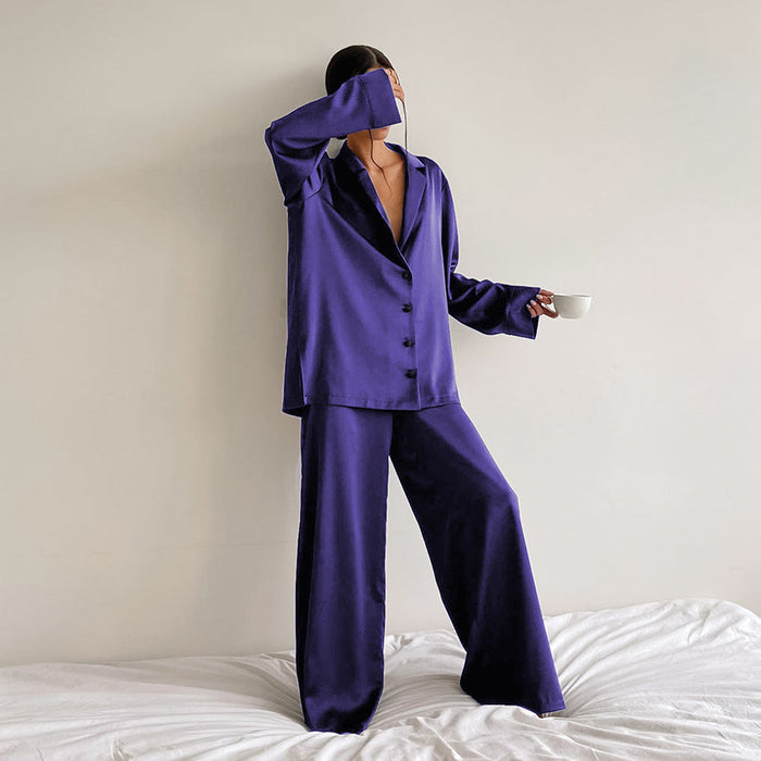 Color-Purple-Spring Summer Blue Thin Women Home Silk-like Solid Color Pajamas Ice Silk Loose Can Be Worn outside-Fancey Boutique