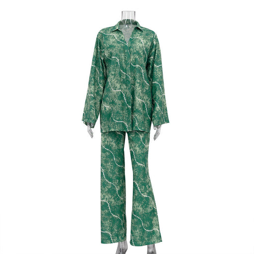 Color-Green-Women Clothing Spring Autumn Long Sleeved Shirt High Waist Trousers Printing Suit Women Two Piece Suit-Fancey Boutique