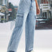 Color-Women Clothing Large Pocket High Waist Casual Straight Leg Denim Trousers-Fancey Boutique