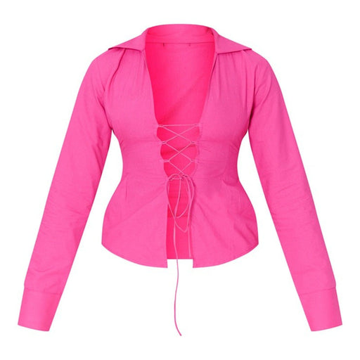 Color-Dark Pink-Sexy Solid Color Women Lace Up Placket Cropped Shirt Women-Fancey Boutique