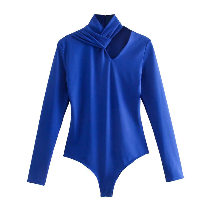 Color-Blue-Clothing Spring Sexy Bow Tie Hollow Out Cutout out Expose Clavicle Long Sleeve Slim Bodysuit-Fancey Boutique