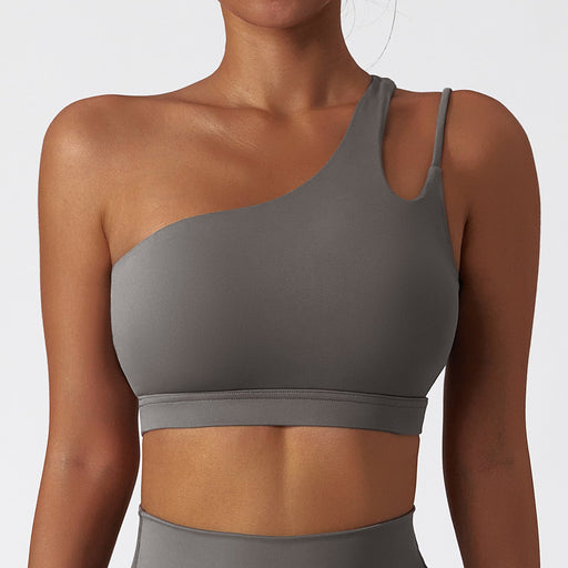 Color-Extreme Gray-Oblique One Shoulder Shockproof Yoga Bra Cloud Sense Beauty Back Exercise Underwear Irregular Asymmetric Shoulder Strap Running Vest Top-Fancey Boutique