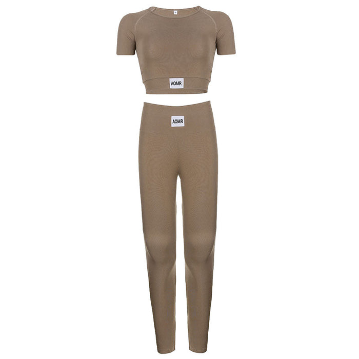 Color-Short Sleeve Brown-Casual Women Clothing Basic Solid Color Stitching Sports Yoga Comfortable Fitness Suit-Fancey Boutique