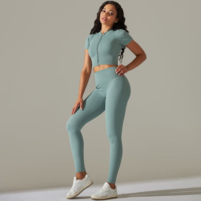 Color-Blue and Gray-Women Seamless Knitted Peach Hip High Waist Yoga Clothes Running Fitness Yoga Sports Sets-Fancey Boutique