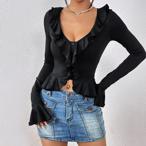 Color-Black-Women Clothing Autumn Winter Slim Fit Ruffled Short-Sleeved T shirt Top-Fancey Boutique