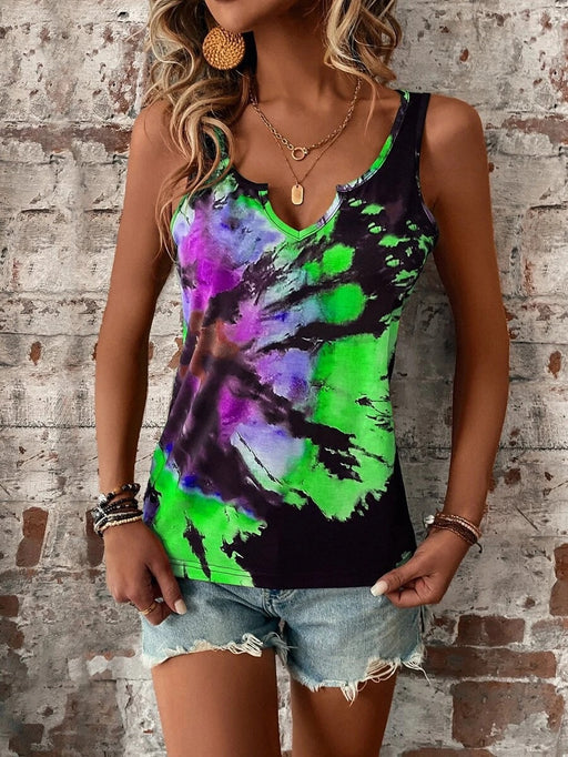 Color-Green-Women's Clothing Summer Random Printing Painted V neck Open Vest Top Women-Fancey Boutique