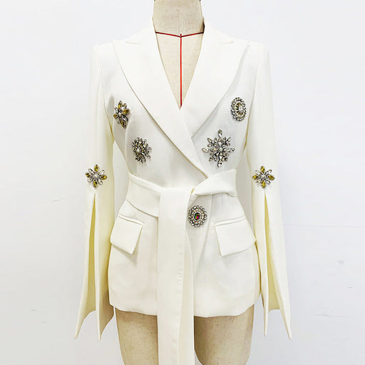 Color-White-Goods Star Ladies Heavy Industry Beads Diamond Series Belt Blazer Jacket-Fancey Boutique