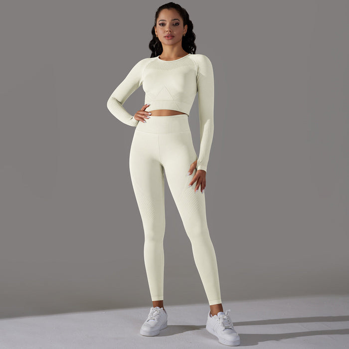 Color-Long-Sleeved Trousers Suit-Milky White-Yoga Wear Suit Seamless Breathable Vest Sports Underwear High Waist Hip Lift Fitness Pants Suit-Fancey Boutique