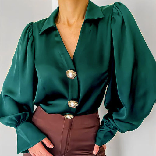 Color-Autumn Special Interest Design Lantern Sleeve Casual Loose Satin Women Shirt-Fancey Boutique
