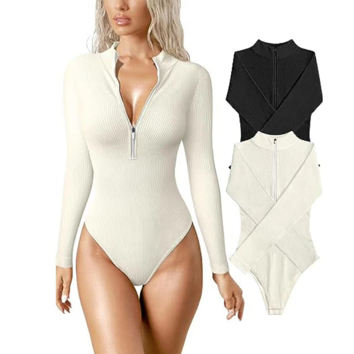 Color-Long Sleeved Jumpsuit Sexy Ribbed One Piece Front Long Sleeve Zipper Top Jumpsuit-Fancey Boutique