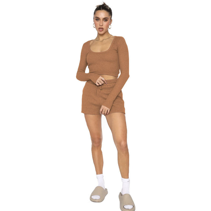 Color-earthy yellow-Spring Waffle Solid Color U Neck Long Sleeved Short Women Clothing Casual Shorts Suit-Fancey Boutique