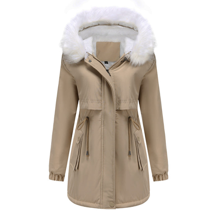 Color-Khaki-Women Winter Velvet Cotton Clothes Women Hooded Detachable Fur Collar Long Sleeve Parka-Fancey Boutique