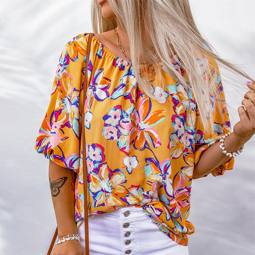 Color-Summer Printed Chiffon Shirt Women Casual Pullover round Neck Half Sleeve Top Women-Fancey Boutique