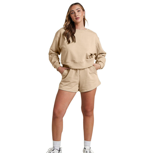 Color-Apricot-Solid Color Long Sleeve Sweaters Women Clothing Short Two-Piece Casual Shorts Suit-Fancey Boutique