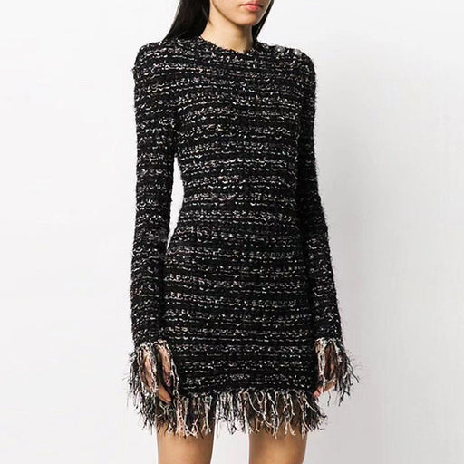 Color-Striped Woolen Tassel Edge Long Sleeved Slim Fit Short Dress High Quality Dress-Fancey Boutique