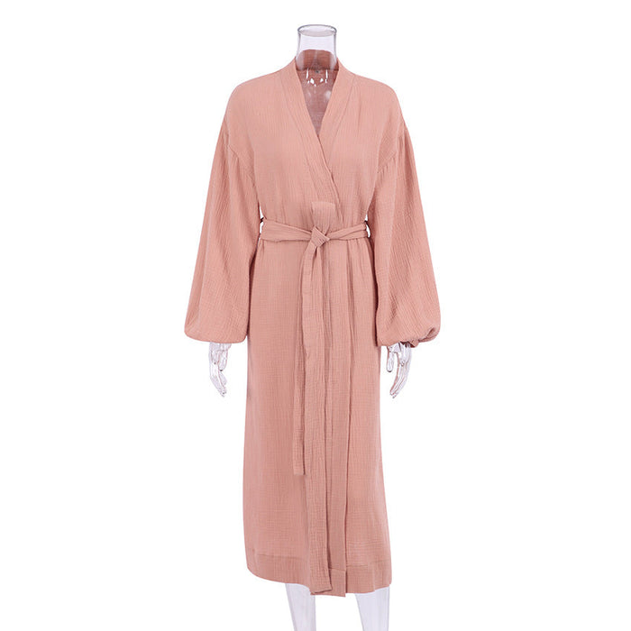 Color-Brown-Early Spring French Solid Color Cardigan Nightgown Double Layer Gauze Full Cotton Casual Home Pajamas Women Cotton-Fancey Boutique