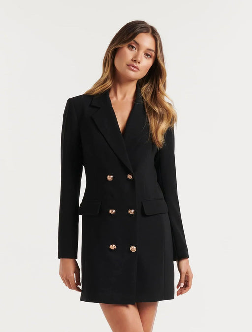 Color-Black-Slim Solid Color Casual Double Breasted Mid-Length Blazer Coat Dress-Fancey Boutique
