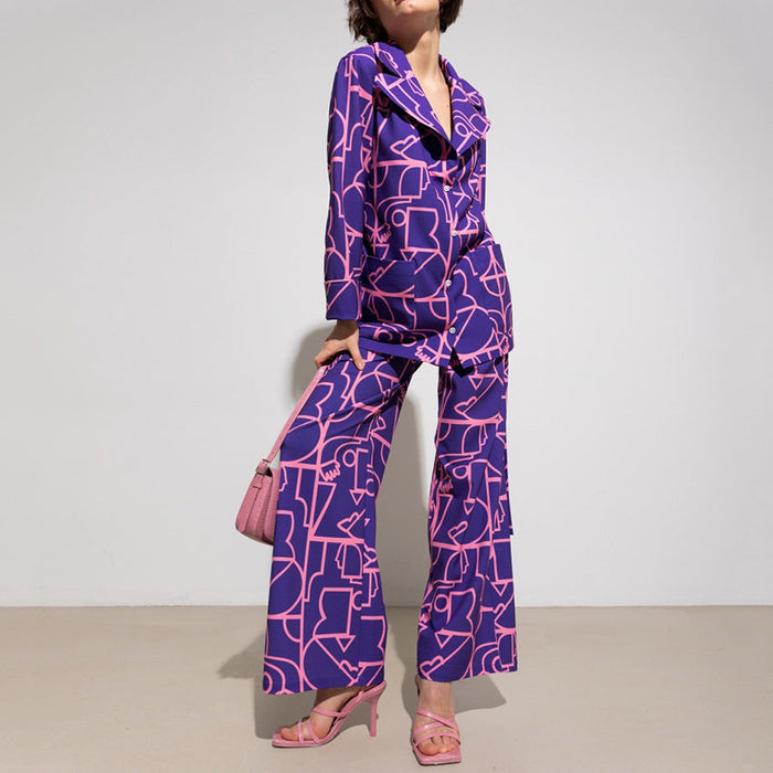 Color-Printed Purple Printed Collared Pajama Pants Autumn Winter Pajamas Women Loose Comfortable Homewear-Fancey Boutique