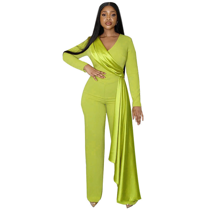 Color-Green-Long Sleeve V neck Waist Controlled Formal Dress Spring Autumn Slim Fit Women Straight Jumpsuit-Fancey Boutique