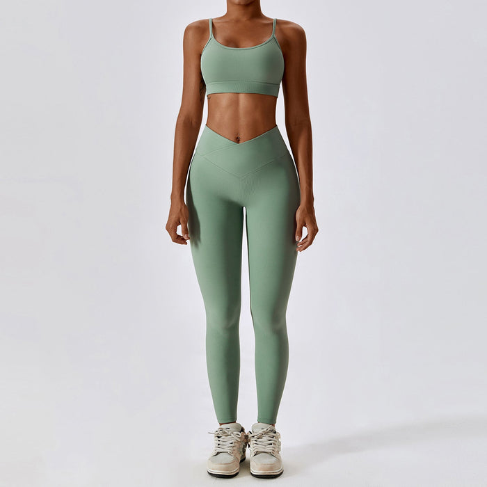 Color-'-1 Bra Trousers Basil Green-Thread Abdominal Shaping High Waist Beauty Back Yoga Suit Quick Drying Push up Hip Raise Skinny Workout Exercise Outfit-Fancey Boutique