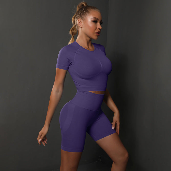 Color-Short Sleeve Shorts Suit-Deep Purple-Summer Seamless Peach Hip Solid Color High Elastic Yoga Short Sleeve Shorts Suit Running Sports Fitness Two Piece Suit-Fancey Boutique