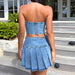 Color-Summer Tube Top Denim Suit Sleeveless Sexy Sexy Bare Cropped High Waist Split Skirt-Fancey Boutique