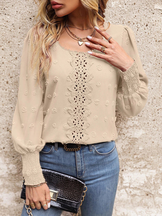 Color-Apricot-Women Round Neck Puff Sleeve Big Polka Dot Stitching Lace Smocking Shirt-Fancey Boutique