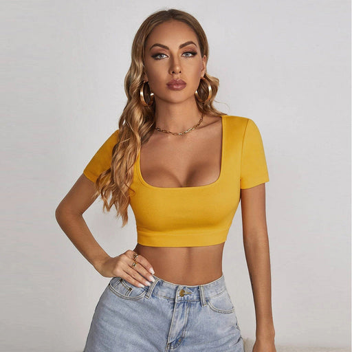 Color-Women Clothing Summer New Square Collar cropped T-shirt Sexy Slim Street Short Sleeve-Fancey Boutique