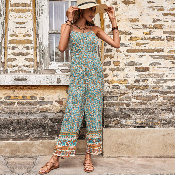 Color-Cross-Border Summer Casual Trousers Spaghetti-Strap Floral Print Sleeveless Jumpsuit-Fancey Boutique