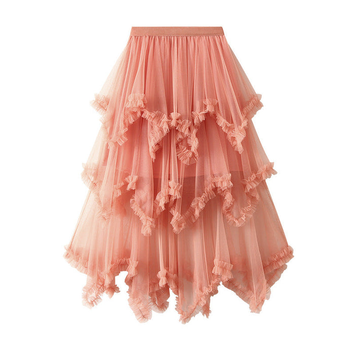 Color-Orange-Wooden Ear Irregular Asymmetric Mesh Tiered Skirt Mid Length High Waist Big Swing Puffy Fairy Gauze Dress Long Skirt-Fancey Boutique