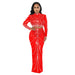 Color-Red-Women Wear Mesh Drilling See through Long Sleeve Dress Two Piece Set-Fancey Boutique