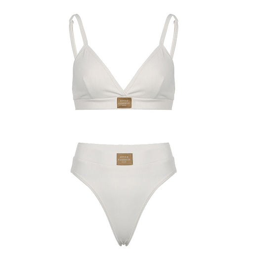 Color-White-Simple Contrast Color Logo Bra Two-Piece Set Adjustable Shoulder Strap Backless Breasted Briefs Underwear Set Summer-Fancey Boutique