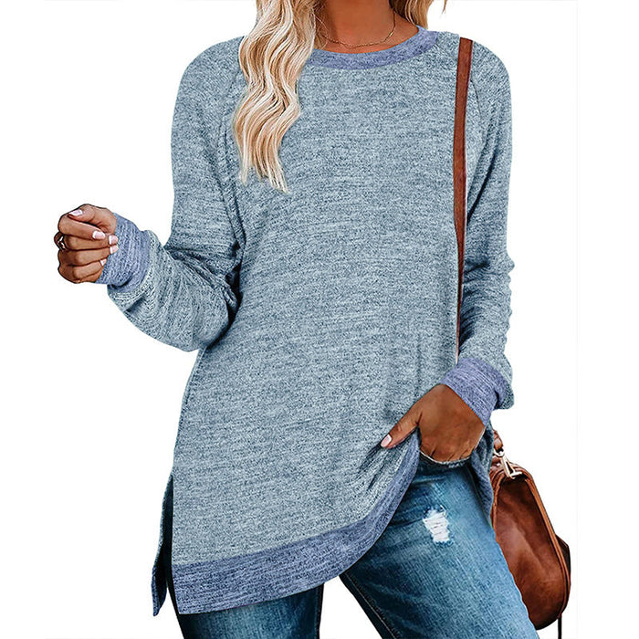 Color-light blue-Women Clothing Long Sleeve round Neck Multicolor Split Top Loose Casual Pullover T-shirt-Fancey Boutique