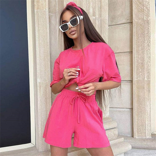 Color-Summer Set Round Neck Short Sleeve T shirt Short Sweatpants Sports Casual Two Piece Set Women Wear With Headscarf-Fancey Boutique
