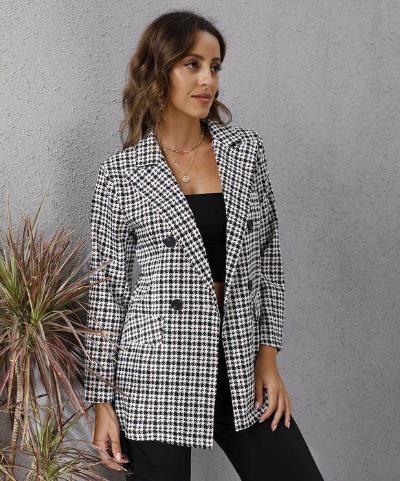 Color-Fall Blazer Women Clothing Houndstooth Collared Long Sleeve Coat-Fancey Boutique