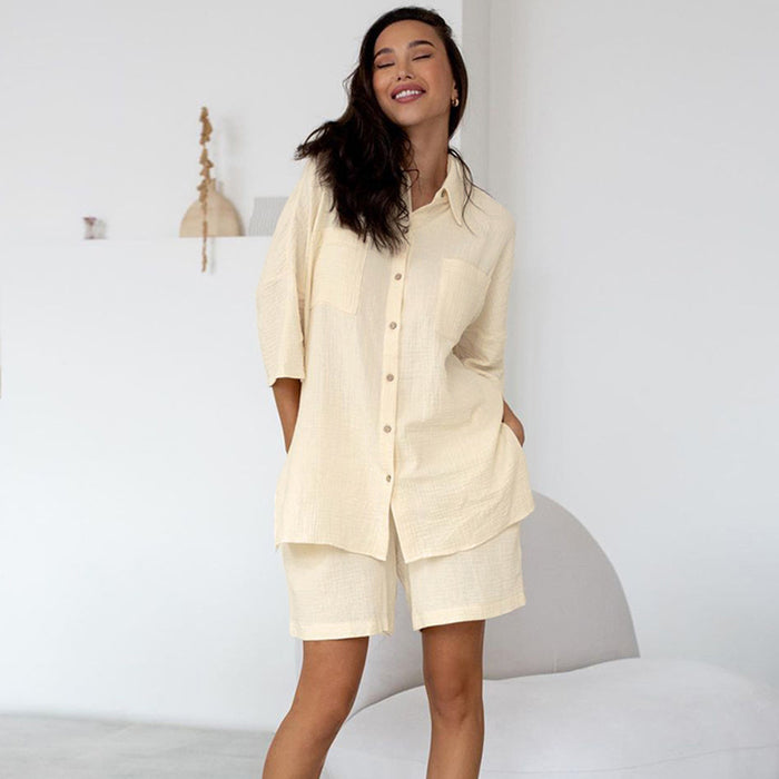 Color-Autumn Double Layer Gauze Pajamas Five Quarter Sleeve Breathable Shorts Home Wear Women Set Fashionable Support Outer Wear-Fancey Boutique