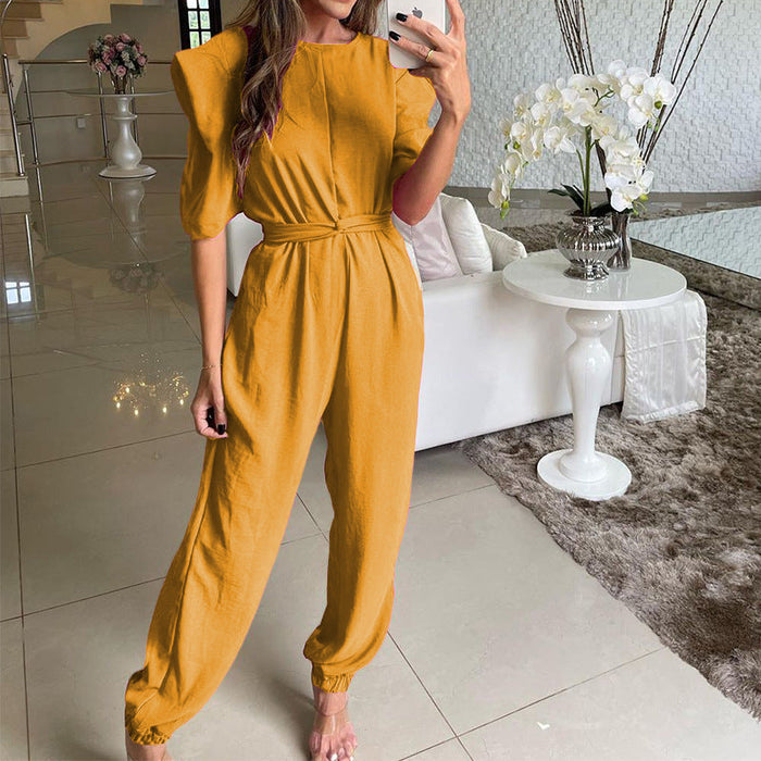 Color-Yellow-Spring Women Crew Neck Half Sleeve Solid Color Skinny Jumpsuit-Fancey Boutique